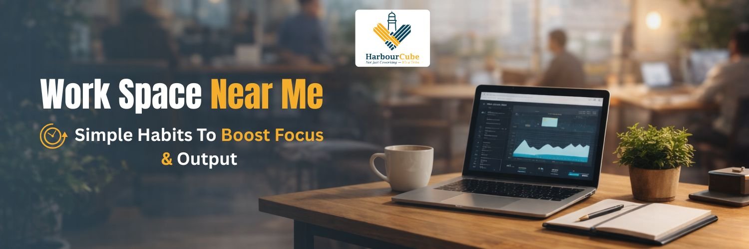 Professional working productively in a workspace near me environment.