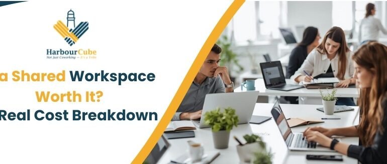 Professionals working in a shared workspace with cost comparison insights