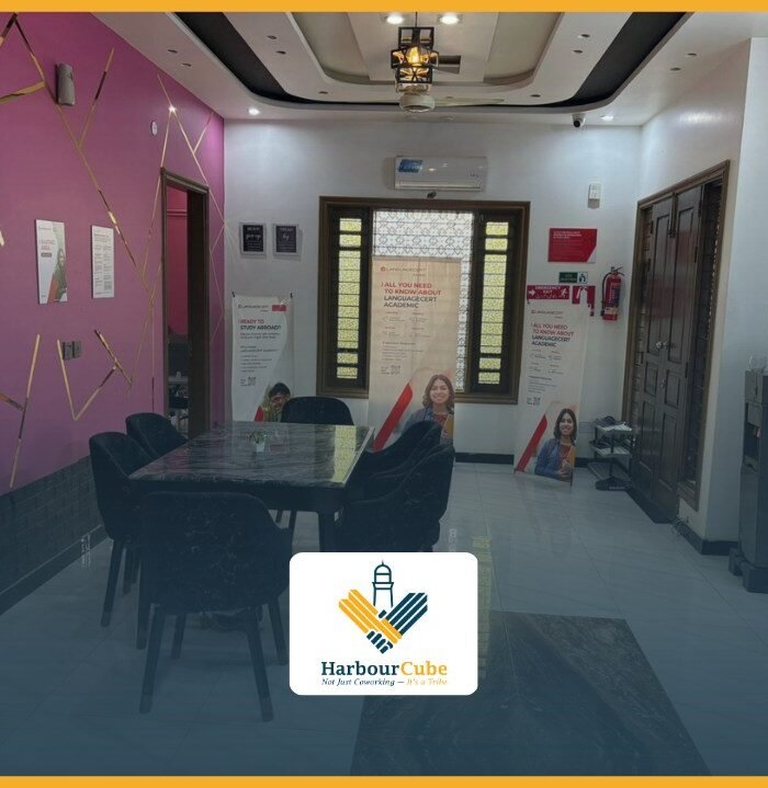 Office entrance and reception desk at HarbourCube, North Nazimabad